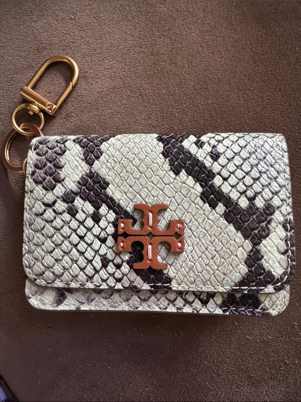 Tory Burch New Snake-Print Card Case Keychain/Bag Charm in Black & Green